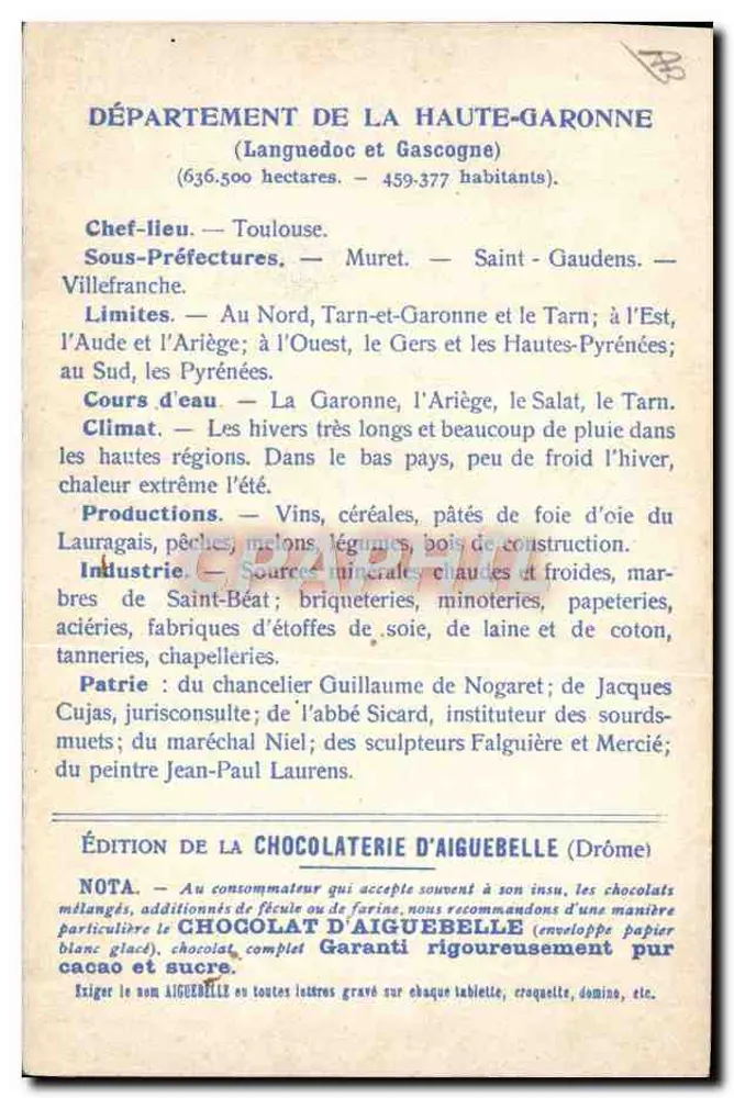 Haute-Garonne — Karte der Departemente — Ausgabe der Schokoladenfabrik Aiguebelle - Rückseite