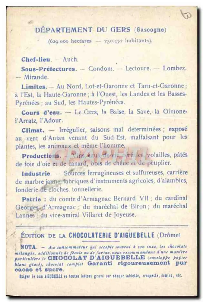 Die Departements: GERS — Ausgabe der CHOCOLATERIE D'AIGUEBELLE - Rückseite