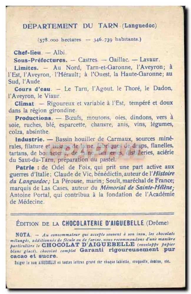 Die Departemente: TARN — Ausgabe der Chocolaterie d'Aiguebelle - Rückseite
