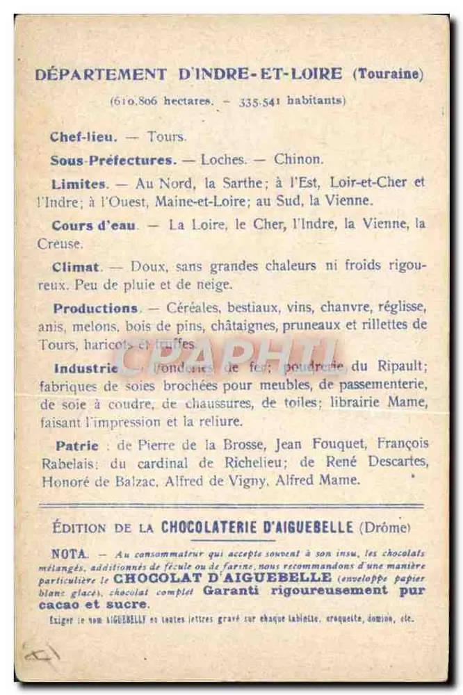 Departement Indre-et-Loire — Tours — Ausgabe der Schokoladenfabrik Aiguebelle - Rückseite