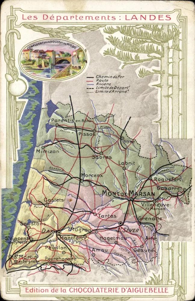 Les Départements : LANDES — carte géographique avec illustration du confluent de la Nidouze et du Miroué — Édition de la CHOCOLATERIE D'AIGUEBELLE - Vorderseite