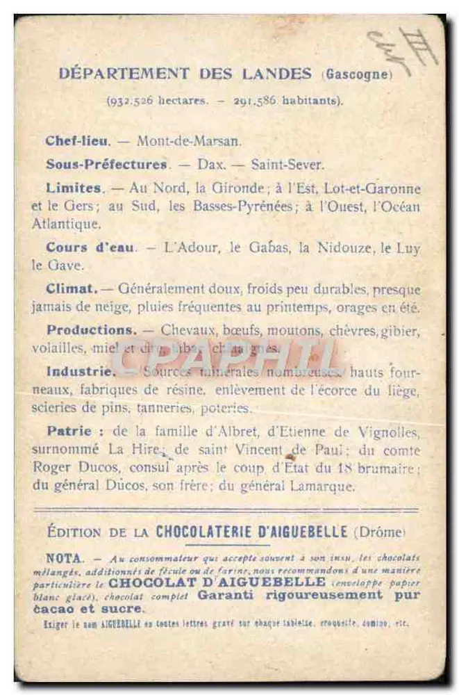 Les Départements : LANDES — carte géographique avec illustration du confluent de la Nidouze et du Miroué — Édition de la CHOCOLATERIE D'AIGUEBELLE - Rückseite