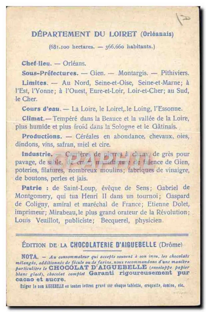 Die Departements: LOIRET — Ausgabe der CHOCOLATERIE D'AIGUEBELLE - Rückseite