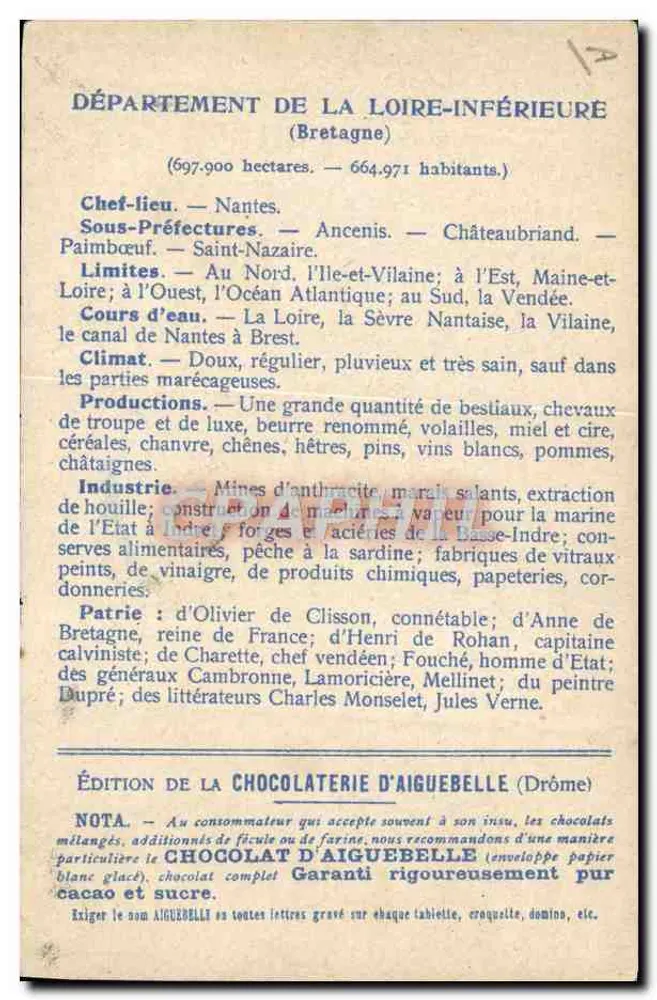 Loire-Inférieure — Illustrierte Karte und Beschreibung — Ausgabe der Schokoladenfabrik Aiguebelle - Rückseite