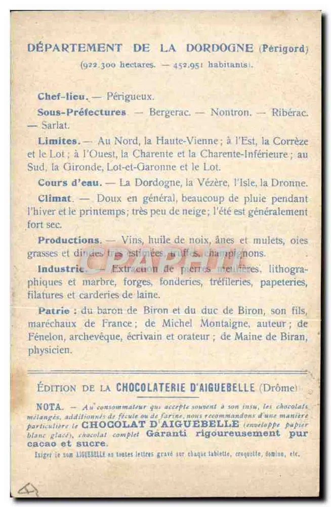 Dordogne — Carte des Départements — Édition de la Chocolaterie d'Aiguebelle - Rückseite