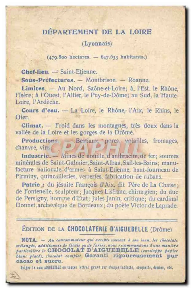 Die Departemente: LOIRE — Ausgabe der CHOCOLATERIE D'AIGUEBELLE - Rückseite