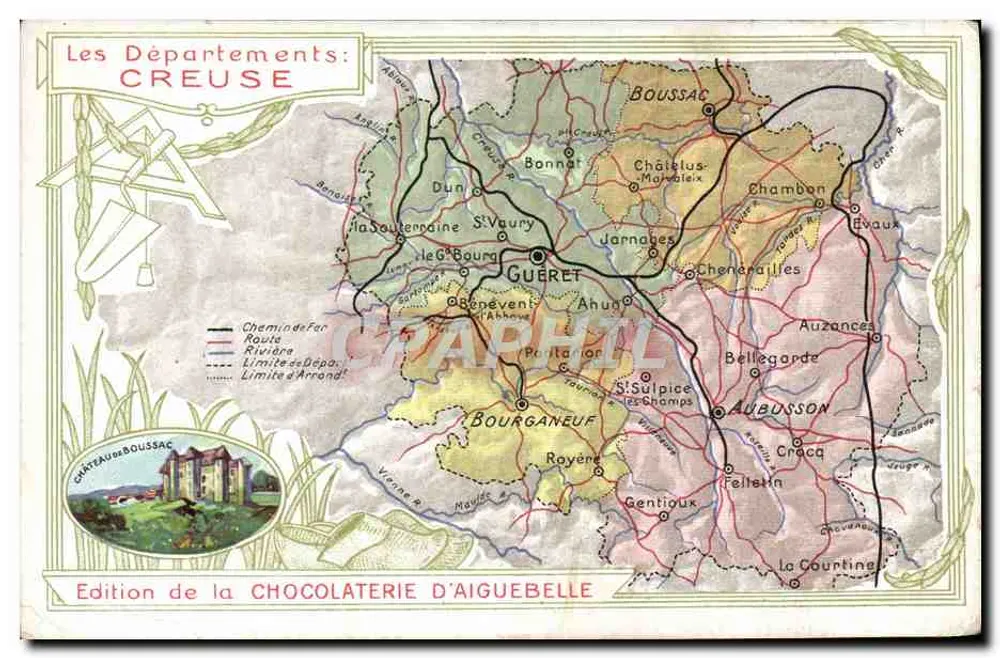 Los Departamentos: CREUSE — Carta geográfica y descriptiva — Edición de la CHOCOLATERIE D'AIGUEBELLE - Anverso