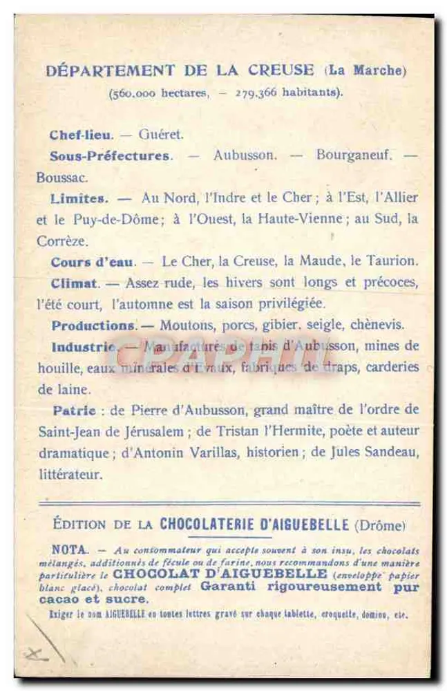Die Departements: CREUSE — Ausgabe der CHOCOLATERIE D'AIGUEBELLE - Rückseite