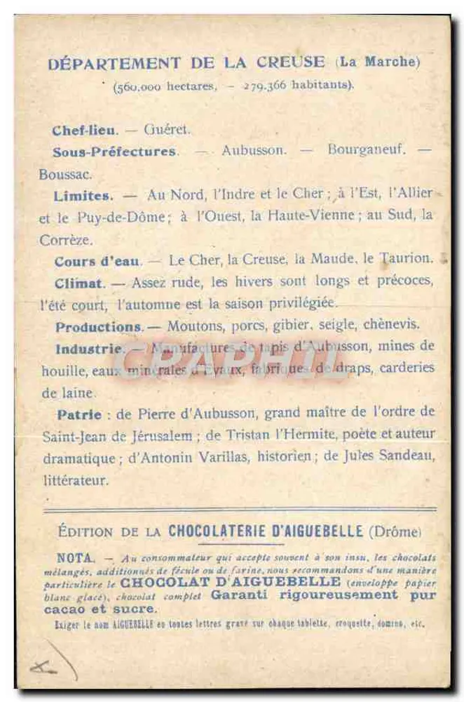 Département der Creuse — Geografische und beschreibende Karte — Ausgabe der Schokoladenfabrik Aiguebelle - Rückseite