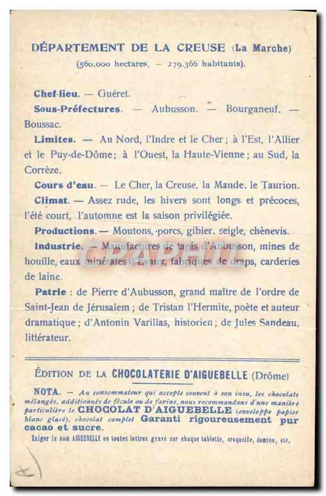 Die Departements: CREUSE — Edition der CHOCOLATERIE D'AIGUEBELLE - Rückseite