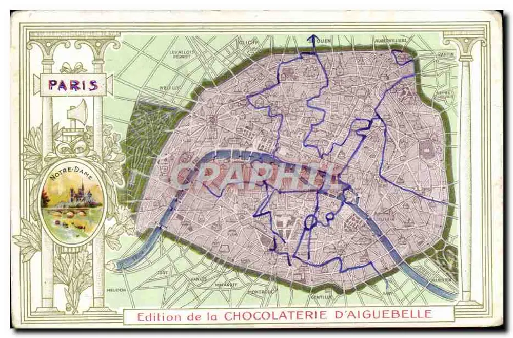Paris — carte historique avec itinéraire en bleu — Édition de la Chocolaterie d'Aiguebelle - Anverso