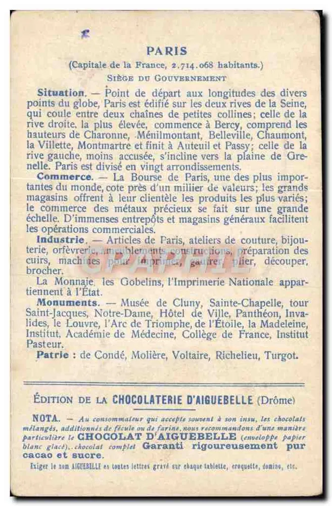 Paris — carte historique avec itinéraire en bleu — Édition de la Chocolaterie d'Aiguebelle - Reverso