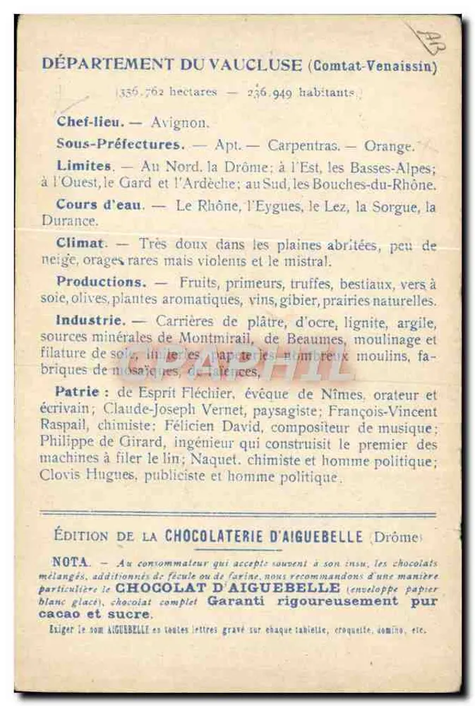 Die Departements: Vaucluse — Ausgabe der Schokoladenfabrik Aiguebelle - Rückseite
