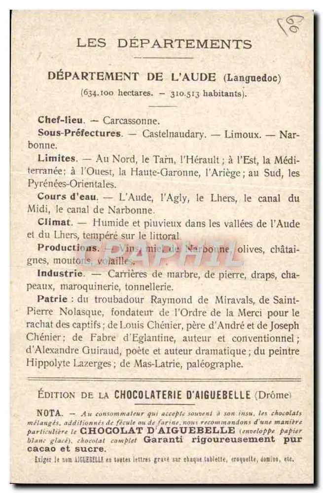 Os Departamentos: Aude — Edição da Chocolaterie d'Aiguebelle - Verso