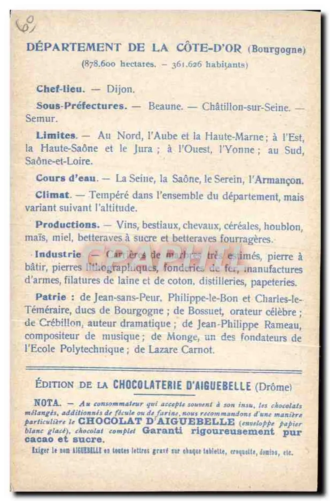 CÔTE-D'OR — Karte der Departements — Ausgabe der CHOCOLATERIE D'AIGUEBELLE - Rückseite