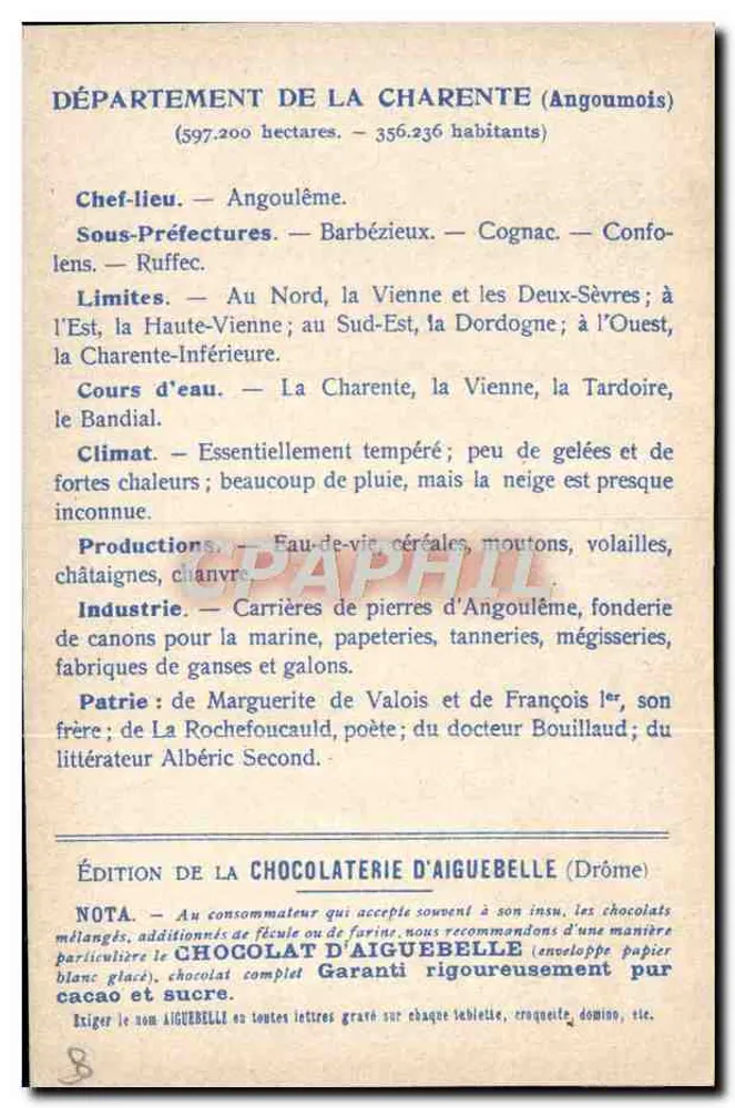 Charente — Karte der Departements — Ausgabe der Schokoladenfabrik Aiguebelle - Rückseite