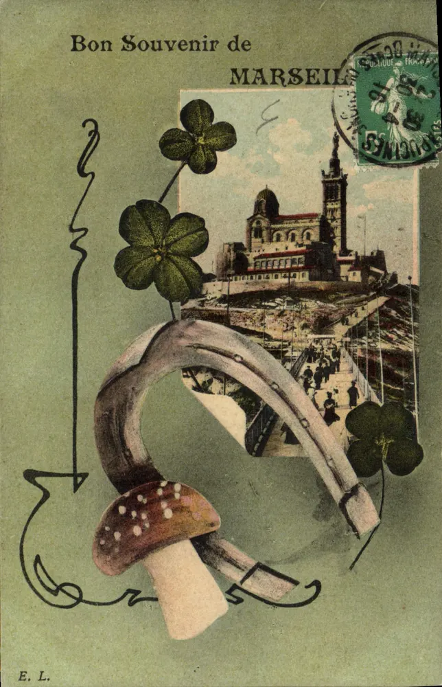 Marseille — Gutes Erinnerungsstück mit Kleeblatt, Schuh und Pilz — E. L. - Vorderseite