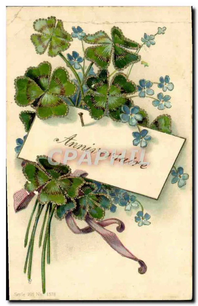 Fleurs de trèfle et de bleuets — bouquet orné d'une étiquette 'Anniversaire' — éditeur 'Serie 205 No. 1578' - Frente