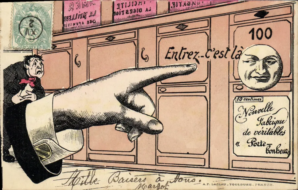 Baiser à Nous — Caricature d'un homme effrayé par une main géante pointant vers une pharmacie — A.F. Laclau, Toulouse, France - Vorderseite