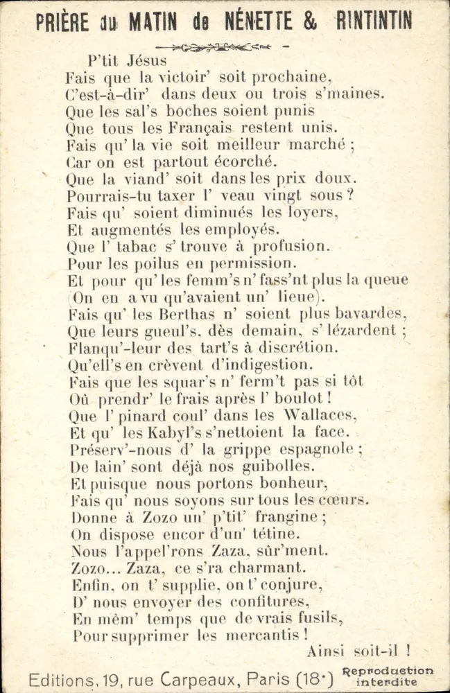 Morgengebet von Nénette & Rintintin — Editions, 19 rue Carpeaux, Paris - Vorderseite