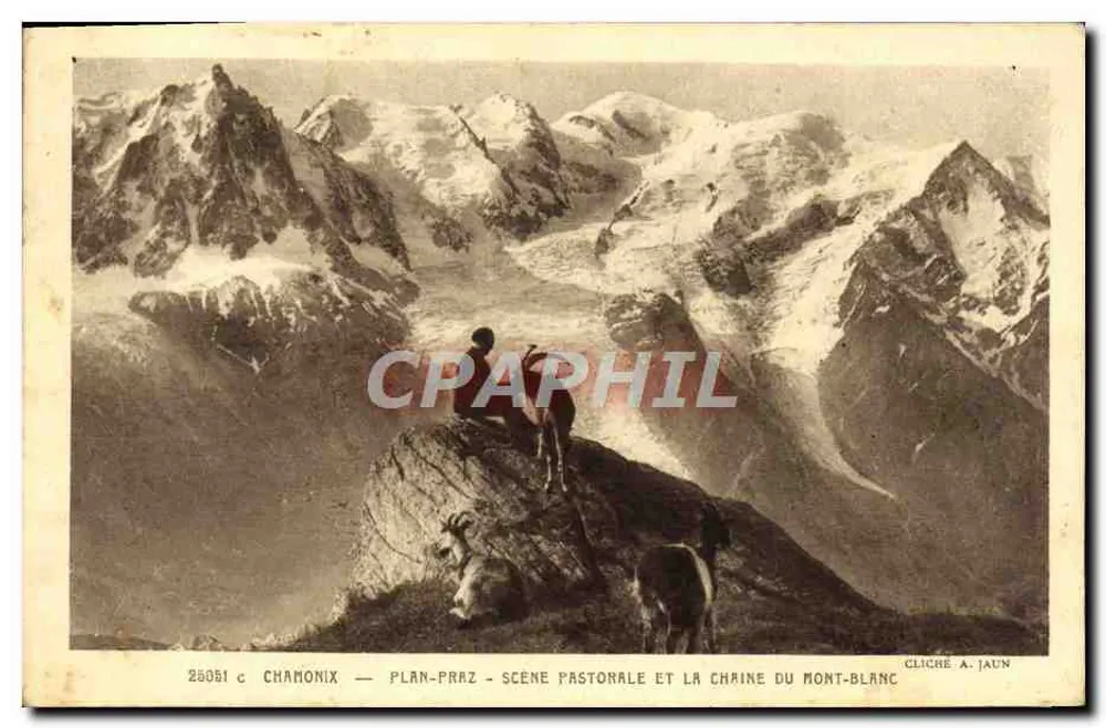Chamonix — Plan-Praz — Pastorale Szene und die Kette des Mont-Blanc — Cliché A. Jaun - Vorderseite