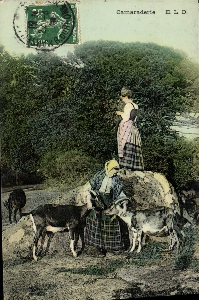 Camaraderie — cena pastoral com duas mulheres e cabras — E.L.D. - Frente