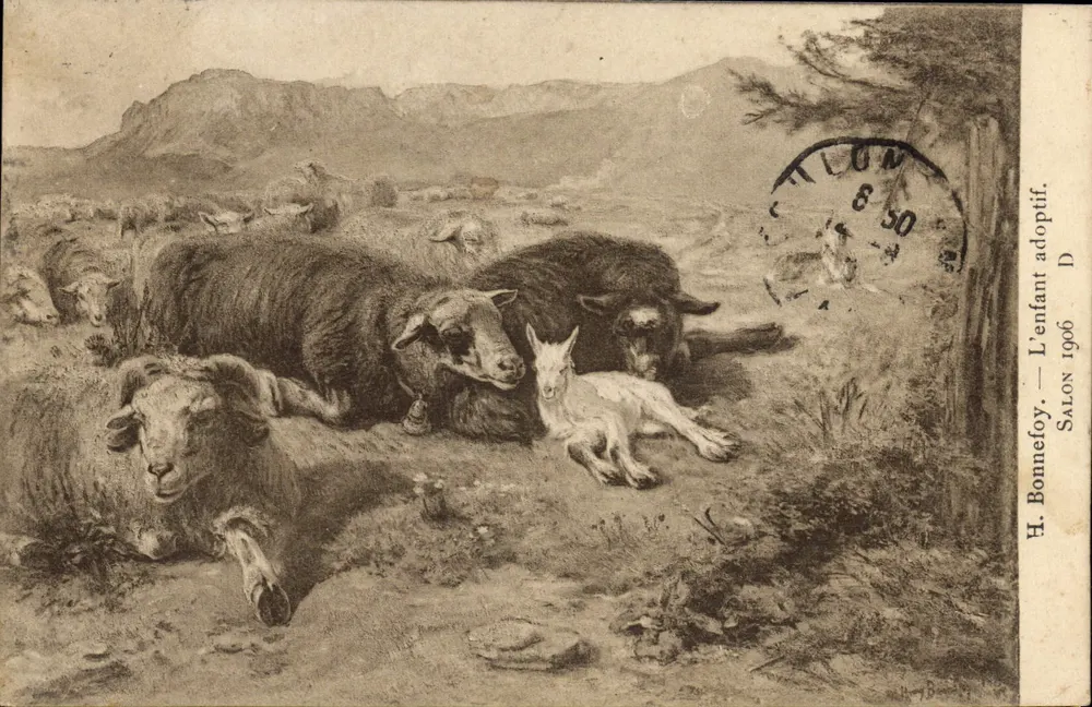 L'Enfant — Scène de moutons et agneau dans un paysage montagneux — H. Bonnefoy, Salon 1906 - Anverso