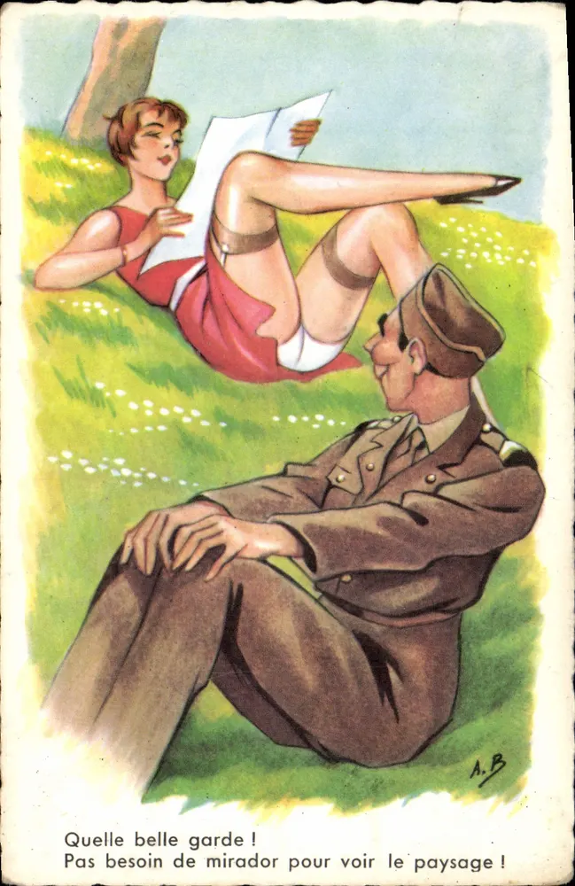 Soldat und Frau am Landschaftsbild — humoristische Illustration — A.B. (unterzeichnet) — Verlag G. Picard, Paris - Vorderseite