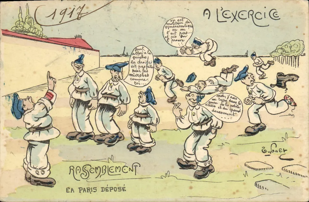 Soldaten beim Üben — Karikatur der militärischen Gymnastik — Verlag: Eugène B. (unterschrieben) — Serie: Versammlung, EA Paris abgegeben - Vorderseite