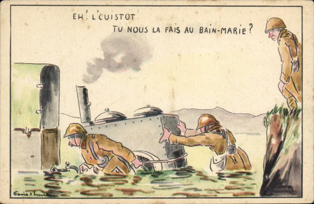 Soldaten, die ein Mahl in einem großen Topf kochen — humorvoller Zeichnung — P-C Paris, Serie M-58 - Vorderseite
