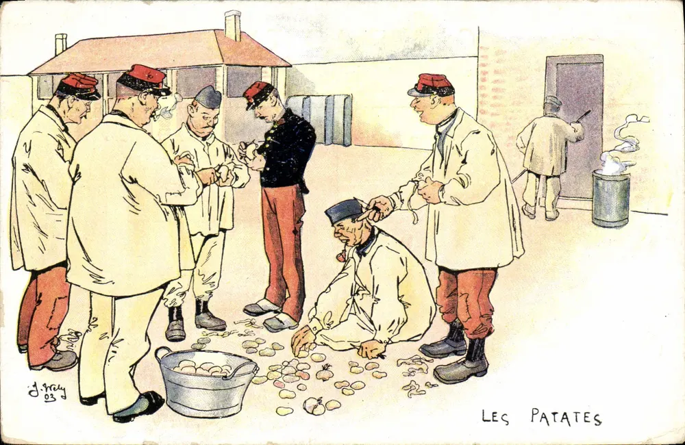 Les Patates — scène de soldats en uniforme autour d'un seau de pommes de terre — dessin de J. Frey, n° 23 - Vorderseite
