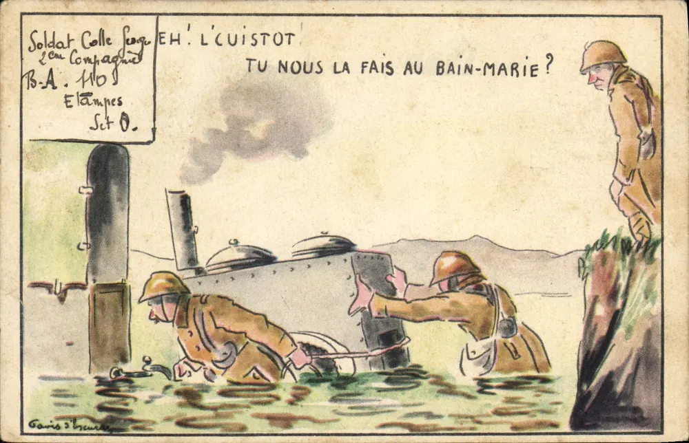Soldaten, die einen Panzer im Wasser kochen — Paris d'Issoue — Serie M-58 - Vorderseite
