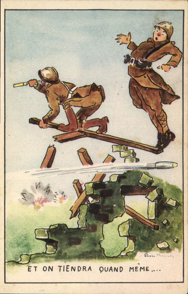 Soldados em ação — caricatura militar — desenho de Géon Ménard - Frente