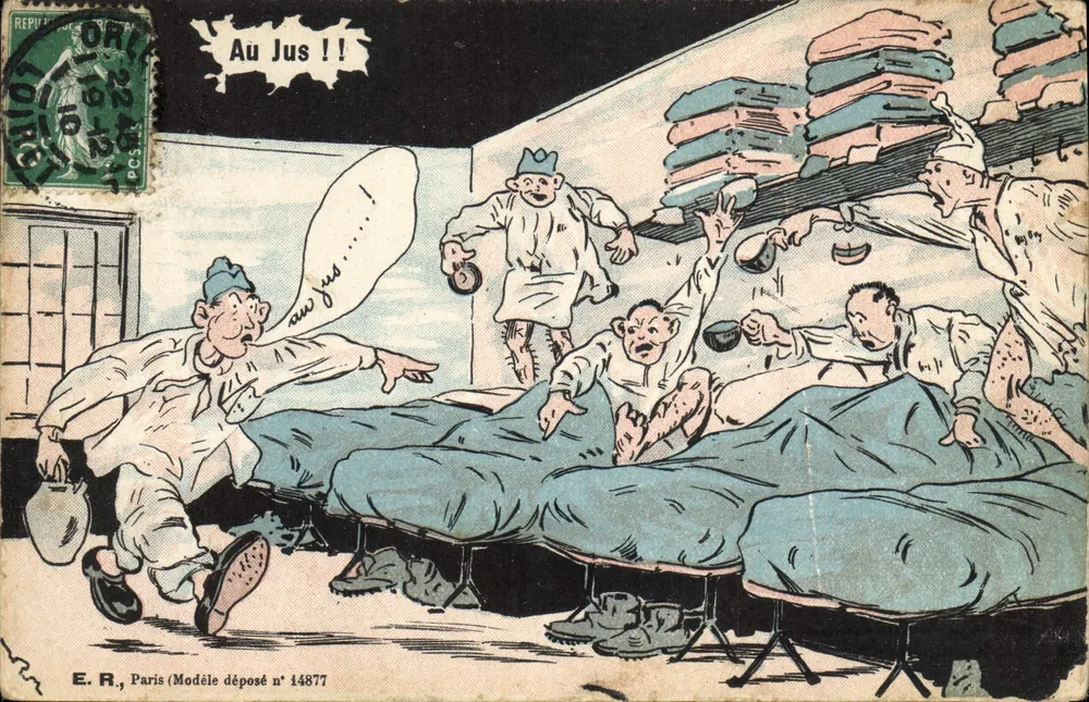 Militärschutzraum — Karikatur von Soldaten in Schlafanzügen — E. R., Paris (Modellnummer 14877 angemeldet) - Vorderseite