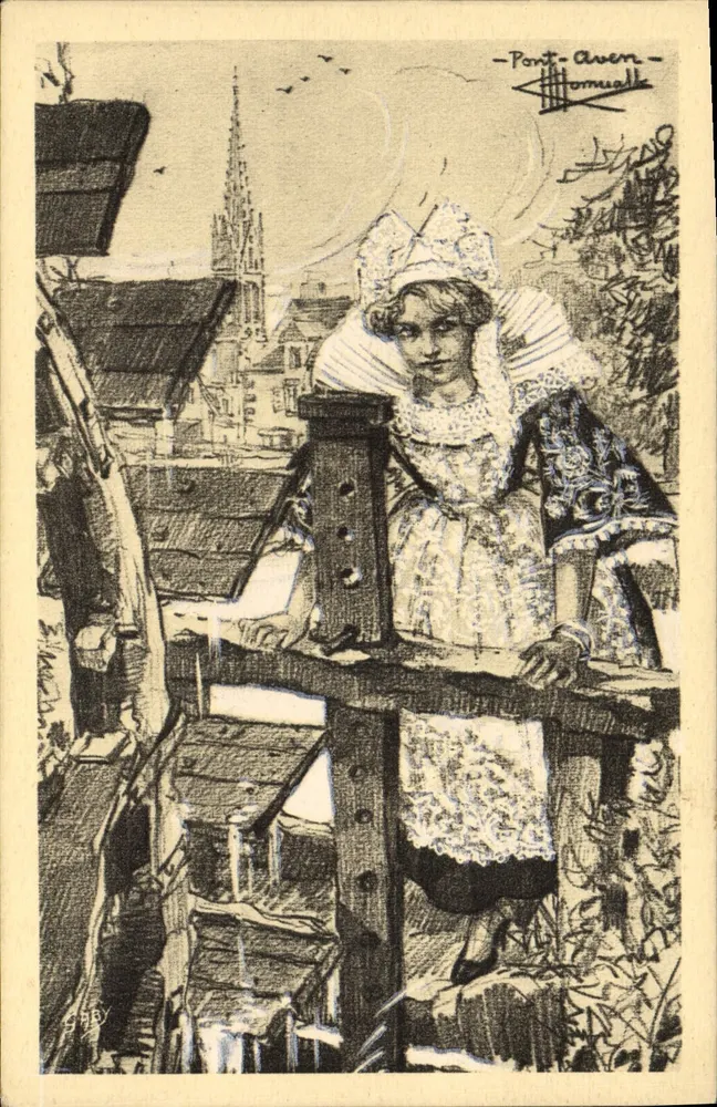 Mulher em traje Bretão — Pont-Aven — desenho de Charles Homualk - Frente