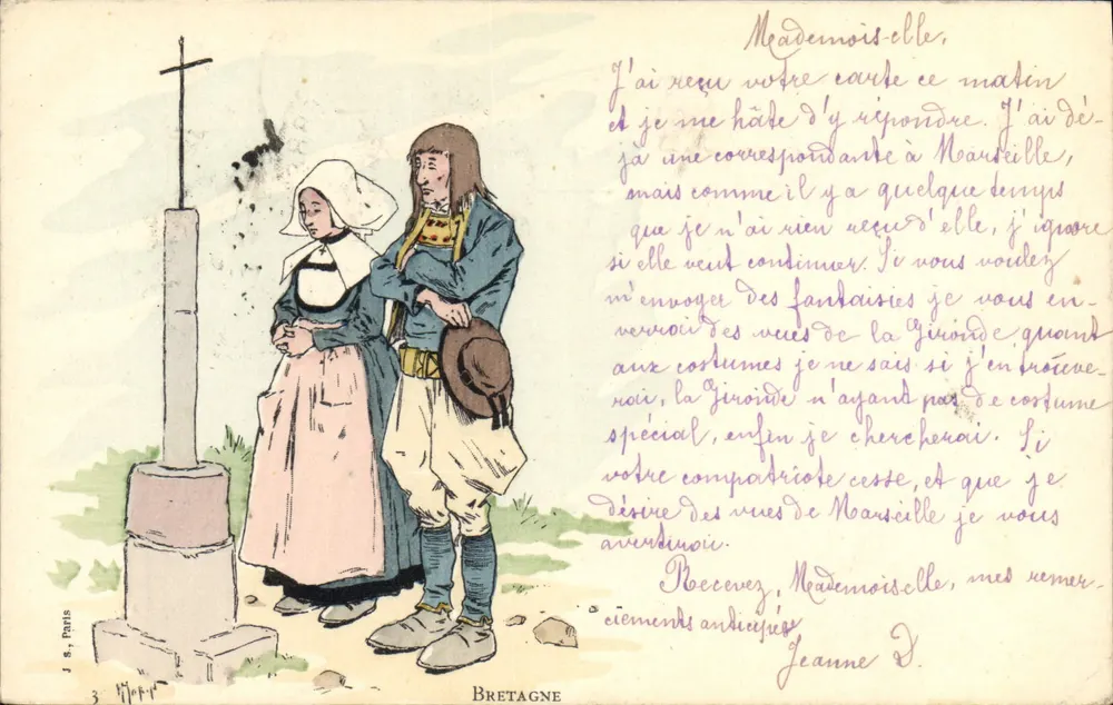 Bretanha — casal em traje tradicional diante de um calvário — J. S. Paris, n°3 - Frente