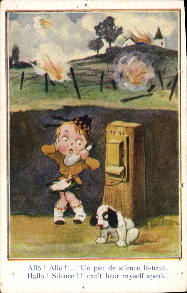 Enfant et chien près d'un téléphone — scène de guerre avec explosions — éditeur J. Amiard, Paris - Vorderseite