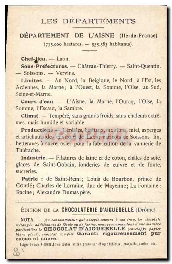 Die Departemente: AISNE — Ausgabe der CHOCOLATERIE D'AIGUEBELLE - Rückseite