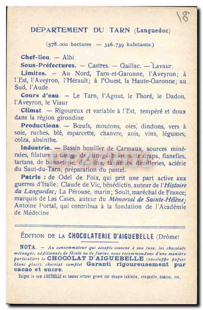 Die Departements: TARN — Edition der Chocolaterie d'Aiguebelle - Rückseite