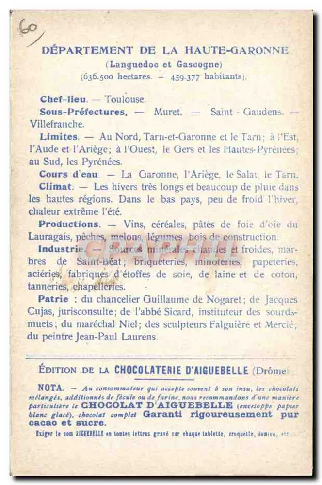 Haute-Garonne — Geografische und beschreibende Karte — Ausgabe der Schokoladenfabrik Aiguebelle - Rückseite