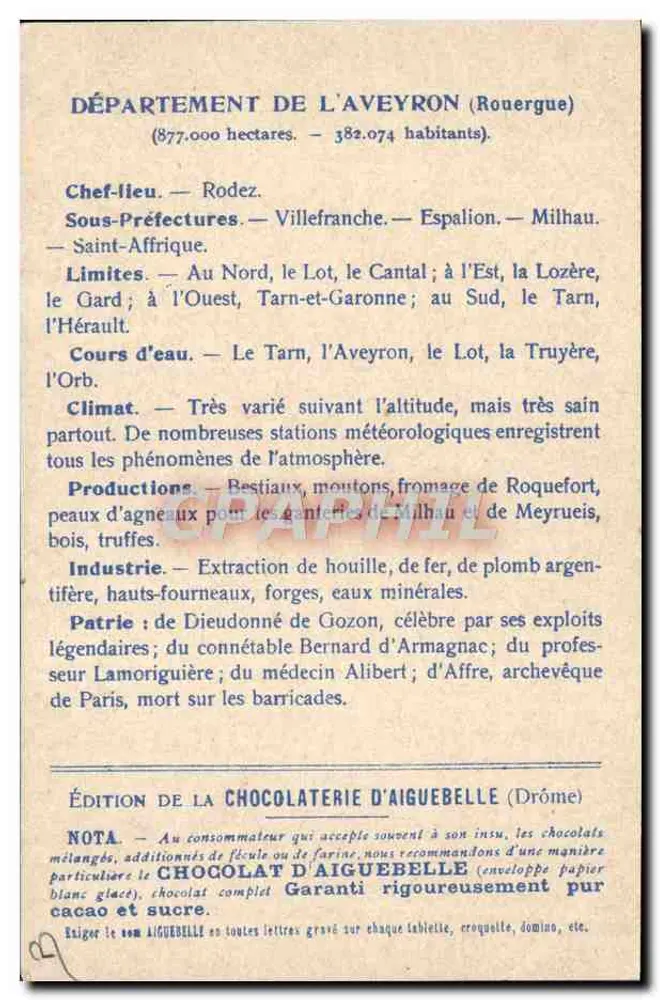 Die Departemente: AVEYRON — Ausgabe der CHOCOLATERIE D'AIGUEBELLE - Rückseite