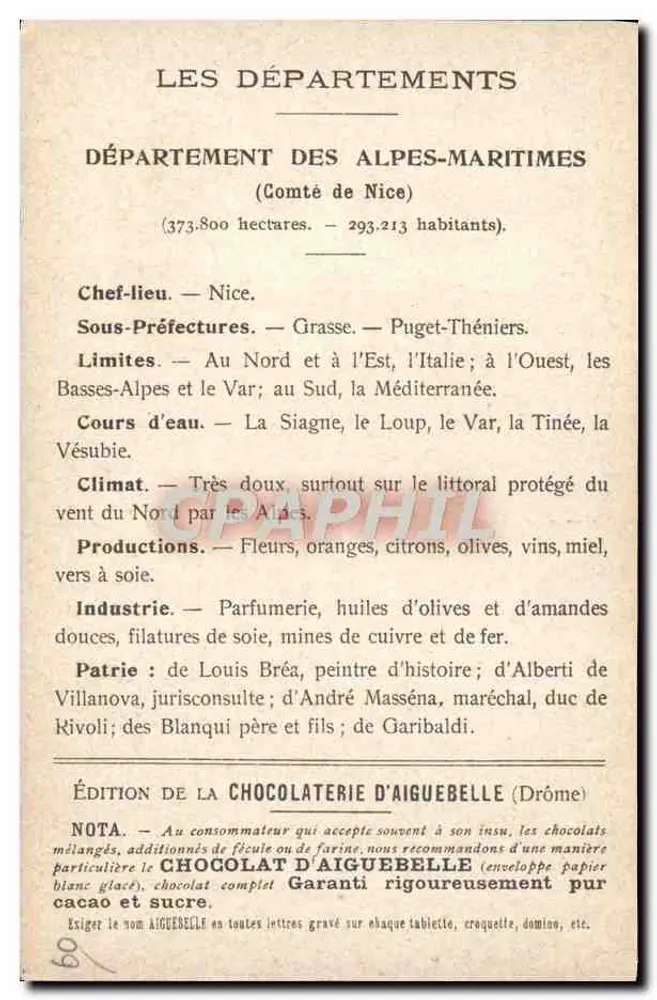 Die Departements: Alpes-Maritimes — Ausgabe der Chocolaterie d'Aiguebelle - Rückseite