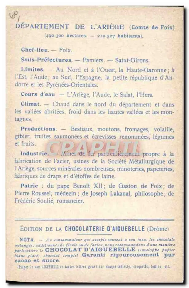 Os Departamentos: ARIÈGE — Edição da CHOCOLATERIE D'AIGUEBELLE - Verso