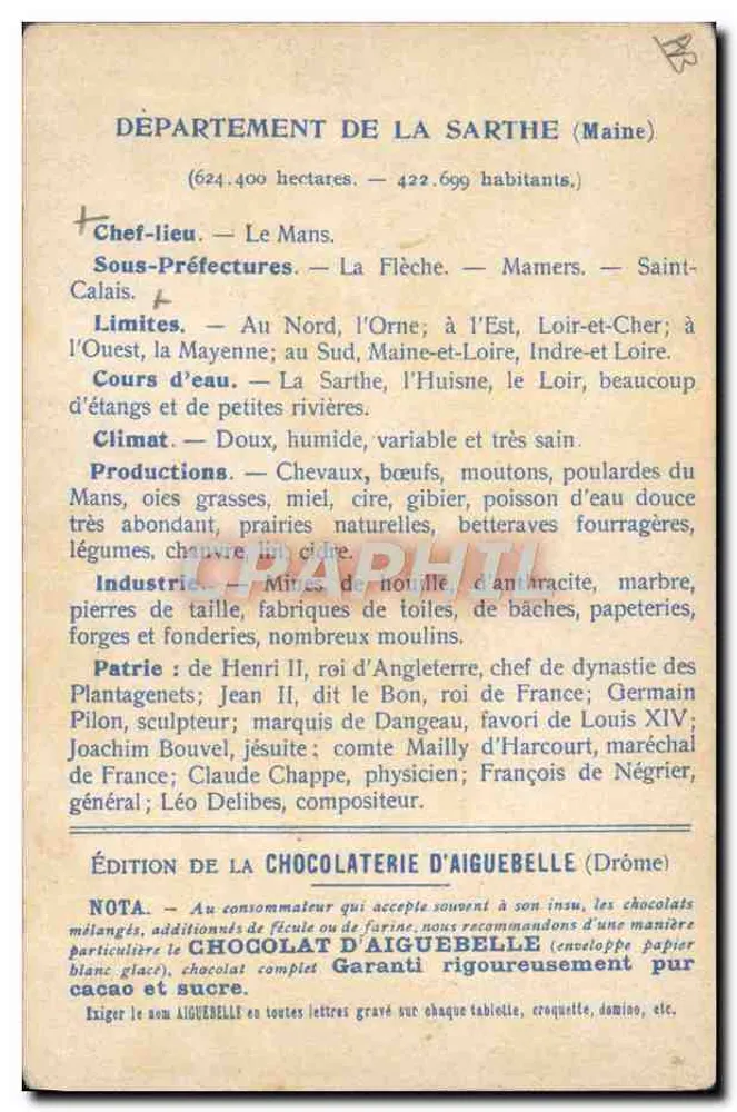 Sarthe — Karten der Departemente — Ausgabe der Chocolaterie d'Aiguebelle - Rückseite