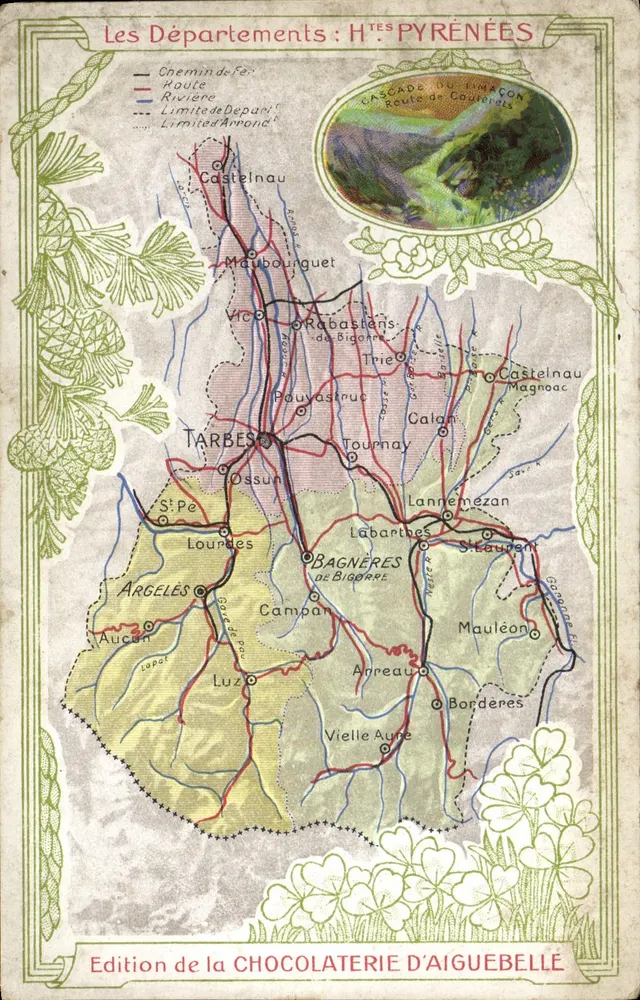 Les Départements : H.TES PYRÉNÉES — carte géographique avec illustration de la CASCADE DU LIMACON — Édition de la CHOCOLATERIE D'AIGUEBELLE - Vorderseite