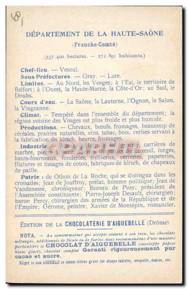Haute-Saône — Karte der Departemente — Edition der Schokoladenfabrik Aiguebelle - Rückseite