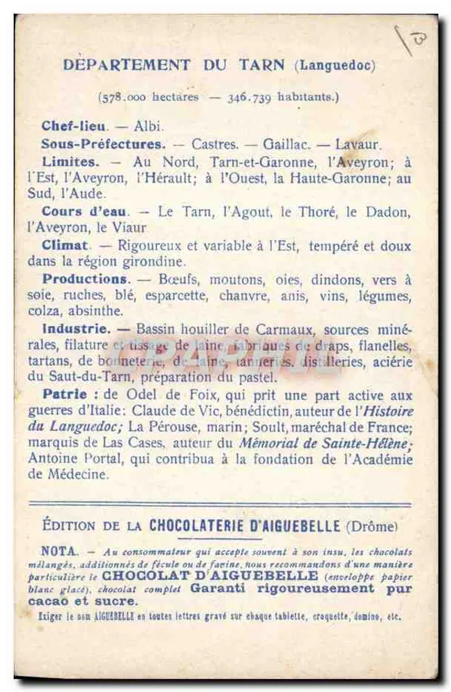 Die Departements: TARN — Karte des Departements Tarn — Edition der Schokoladenfabrik Aiguebelle - Rückseite