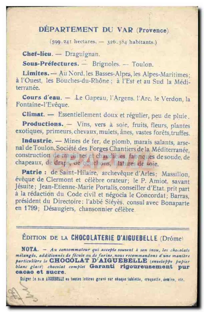Les Départements : VAR — Carte du département du Var avec illustration des Gorges du Loup — Édition de la CHOCOLATERIE D'AIGUEBELLE - Verso