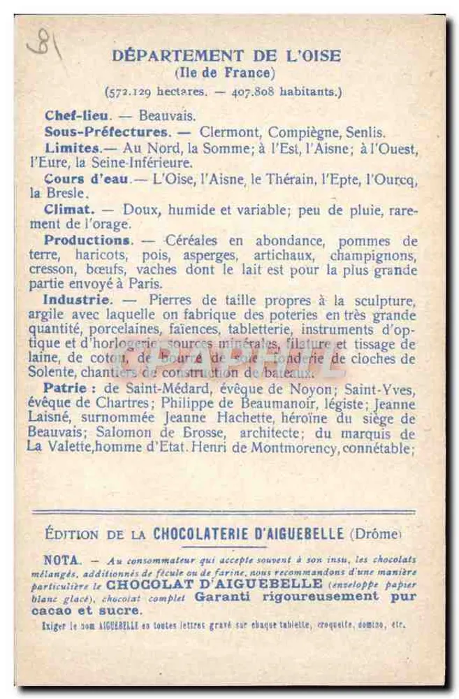 Die Departements: OISE — Ausgabe der Chocolaterie d'Aiguebelle - Rückseite