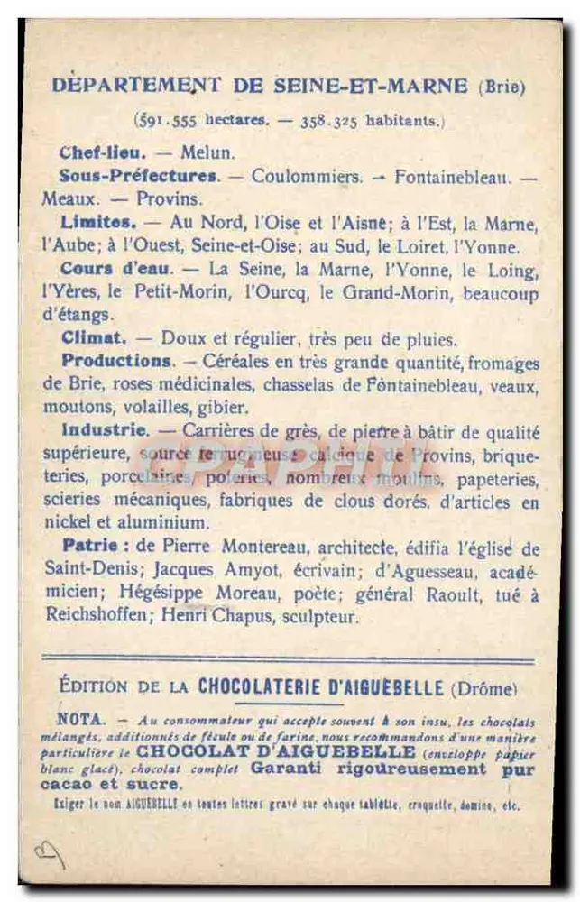 Karte der Départements: Seine & Marne — Edition der Schokoladenfabrik Aiguebelle - Rückseite